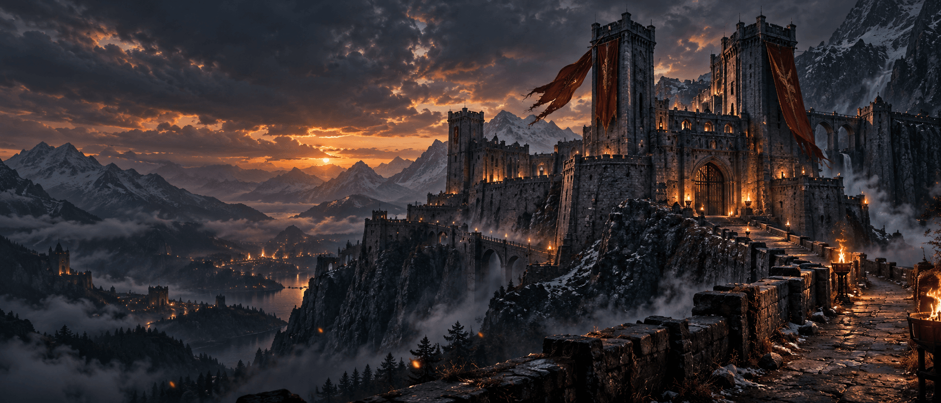 An original mountain citadel lit by torches at dusk